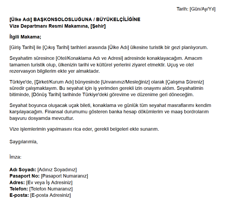 Turist Vizesi Dilekçe Örneği